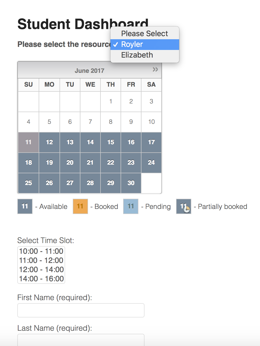 booking calendar of resources